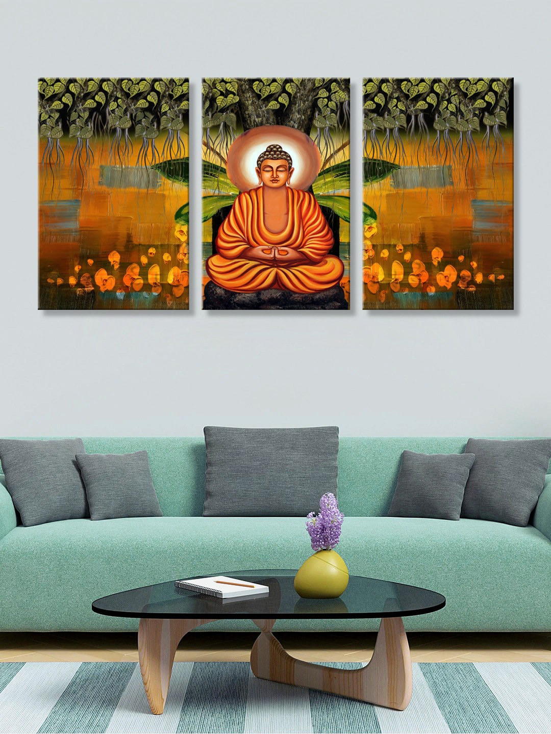 999Store Set Of 3 Brown & Orange Buddha Background & Big Tree Printed Wall Art