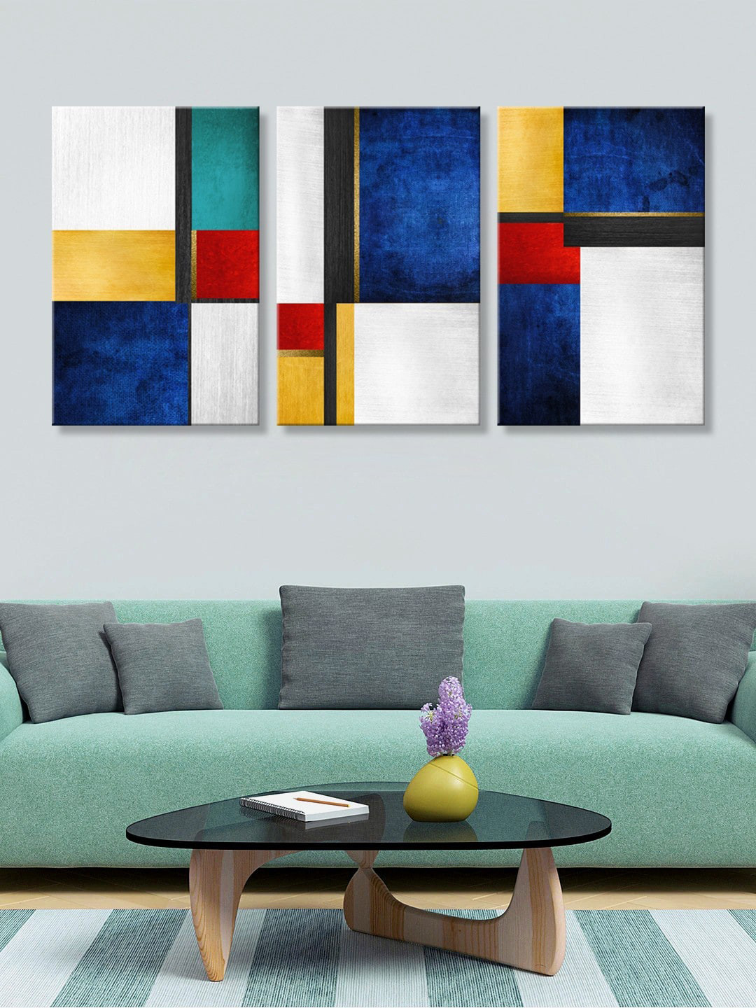 999Store Set of 3 Blue & Yellow Abstract Printed Canvas Wall Art