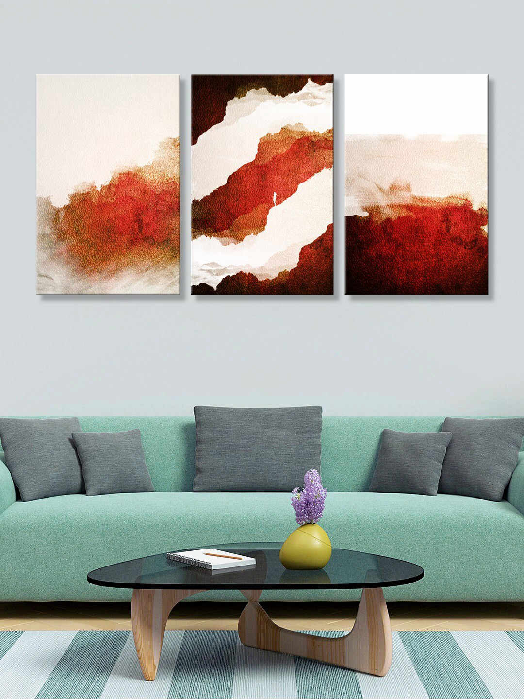 999Store Set of 3 Rust Orange & Grey Abstract HD Canvas Wall Paintings