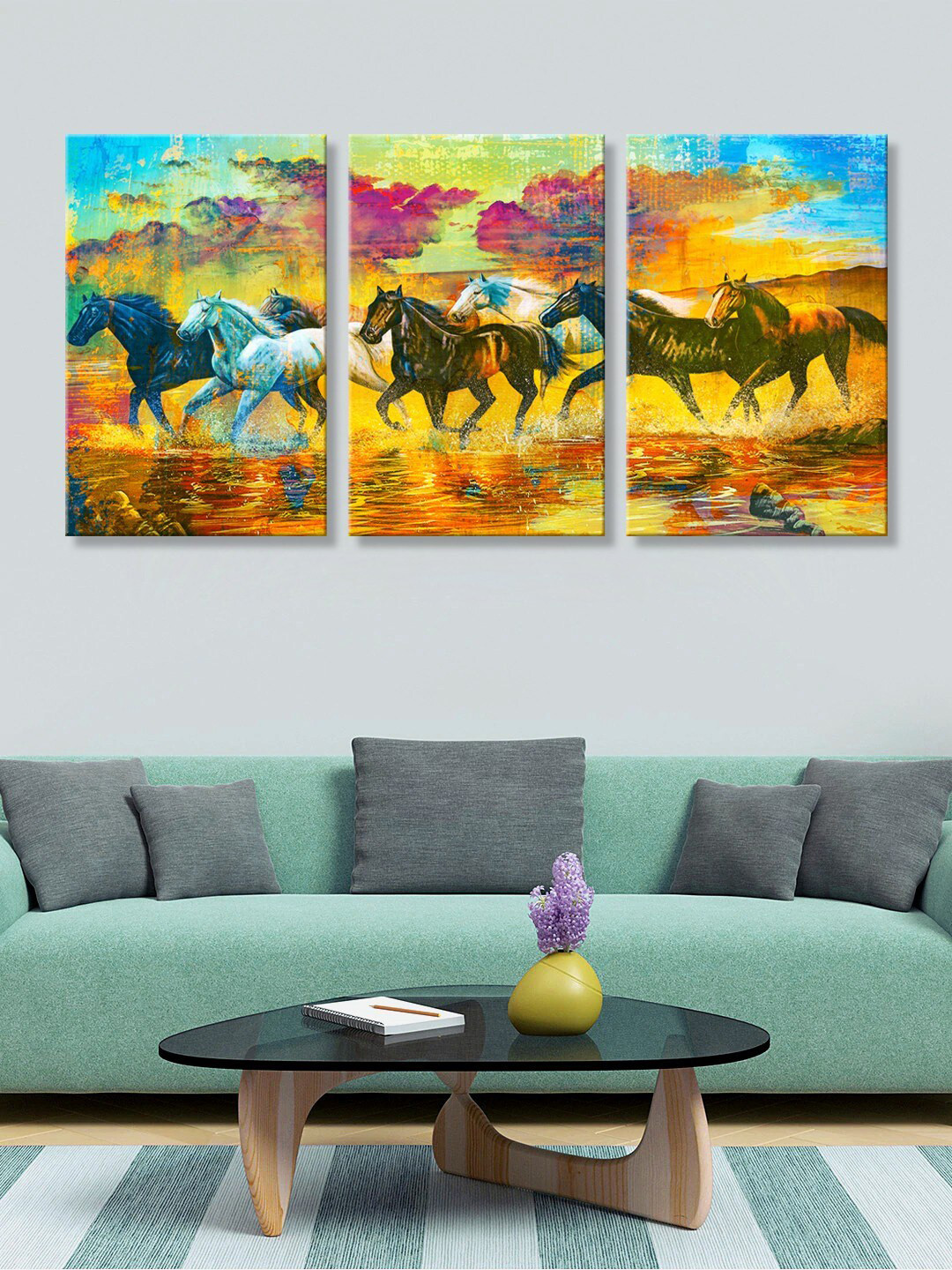 999Store Set of 3 Yellow & Blue Running Horses Canvas Wall Art