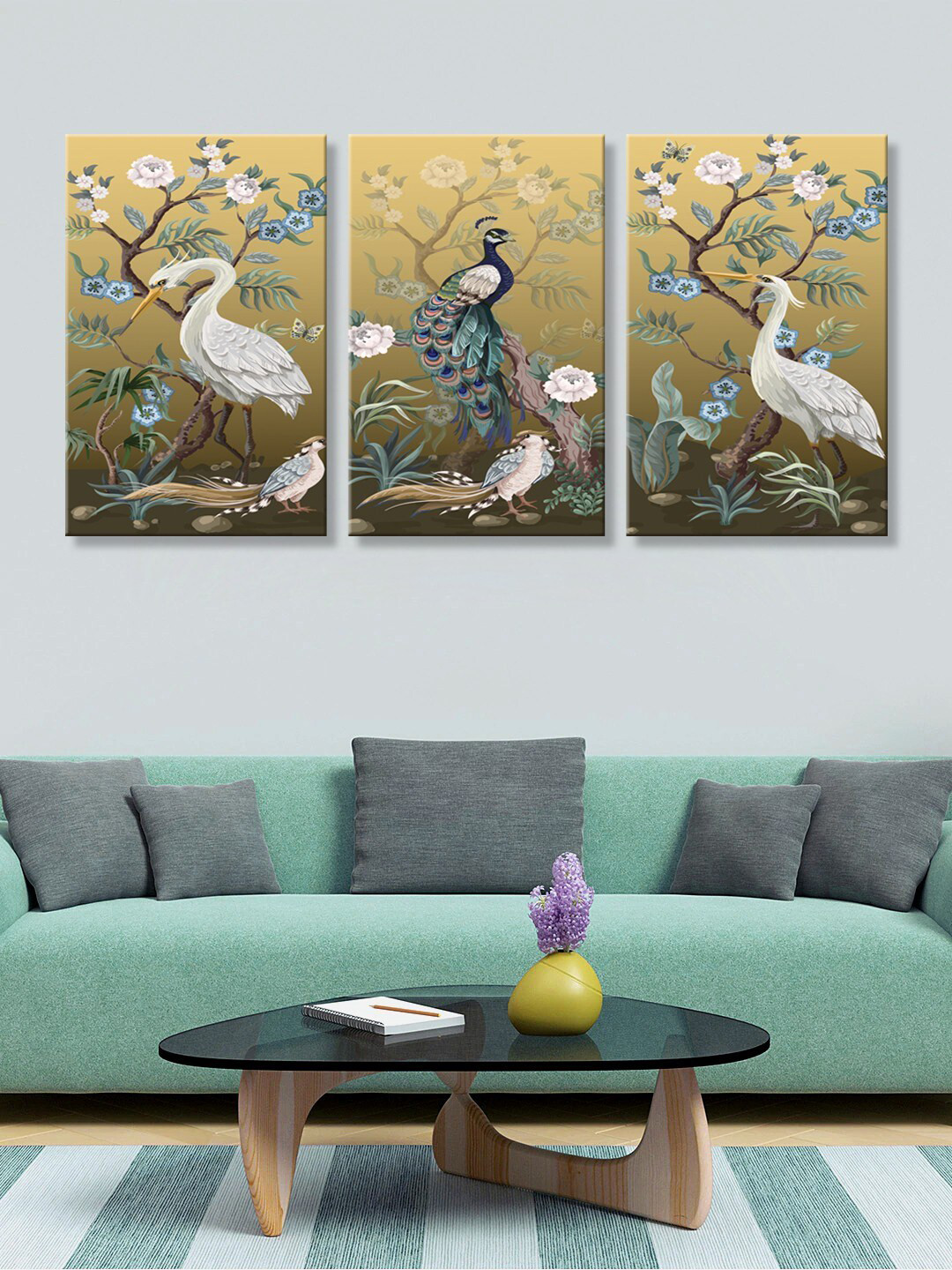 999Store Set of 3 Brown & Off-White Flamingo and Peacock with Trees Canvas Painting Wall Art