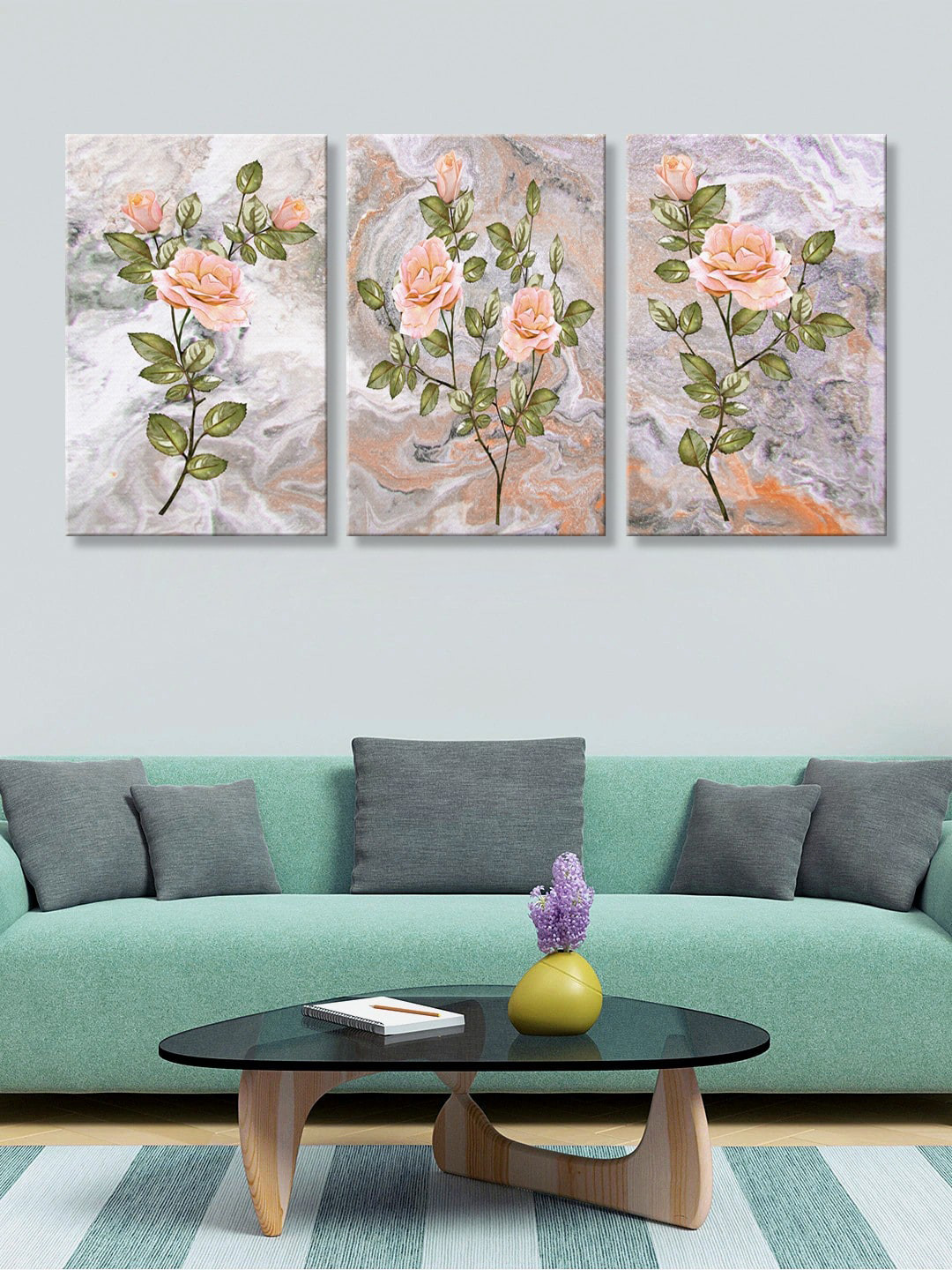 999Store Set Of 3 Grey & Brown Garden Roses Art Panels Wall Painting