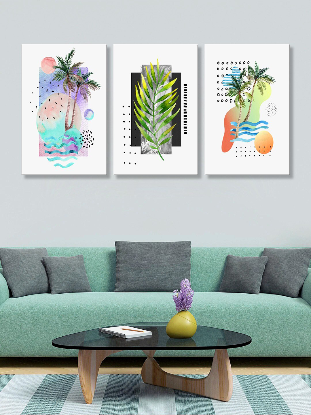 999Store Set of 3 White & Green Palm Tree Canvas Wall Art