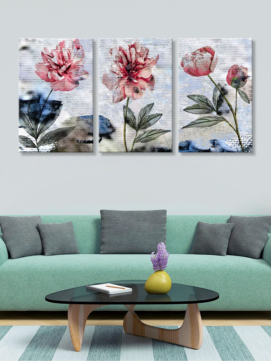 999Store Set Of 3 Grey & Red Roses Paper Art Panels Canvas Wall Painting