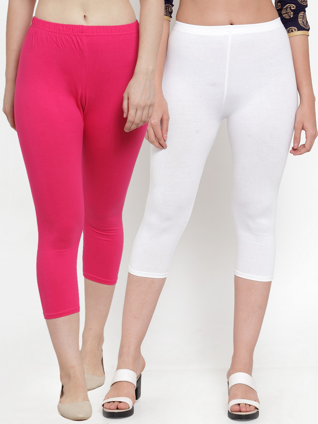 GRACIT Women White & Pink Pack of 2 Solid Skinny Fit Capris