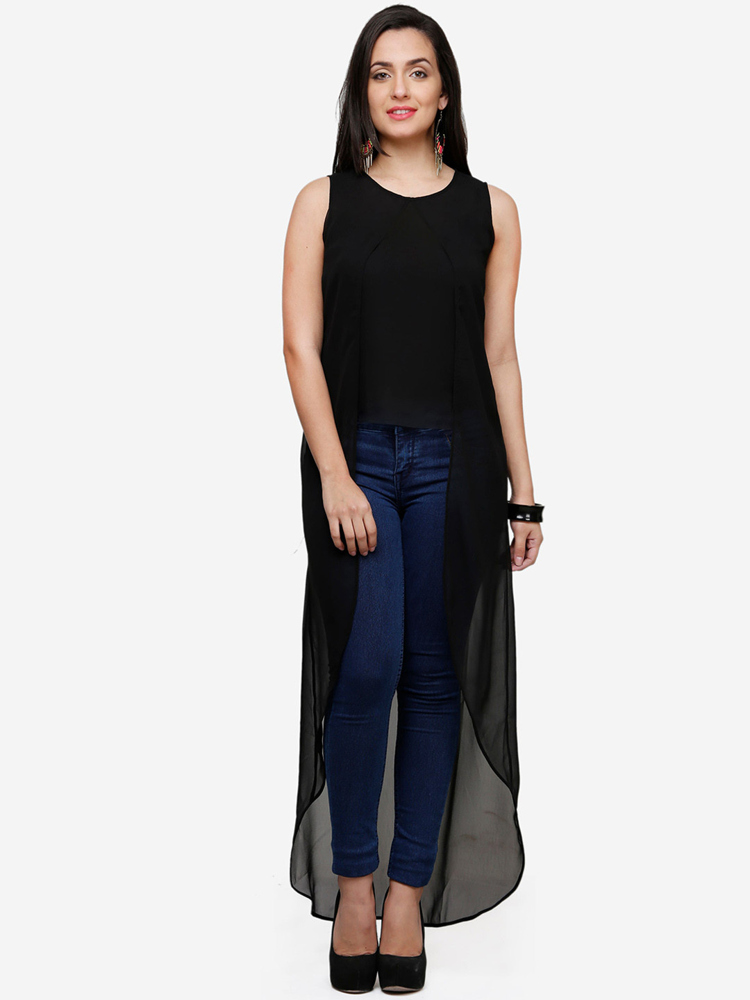 V&M Women Black Solid High-Low Maxi Top