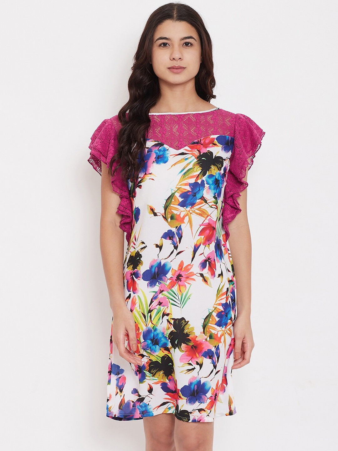 The Kaftan Company White & Pink Printed Nightdress
