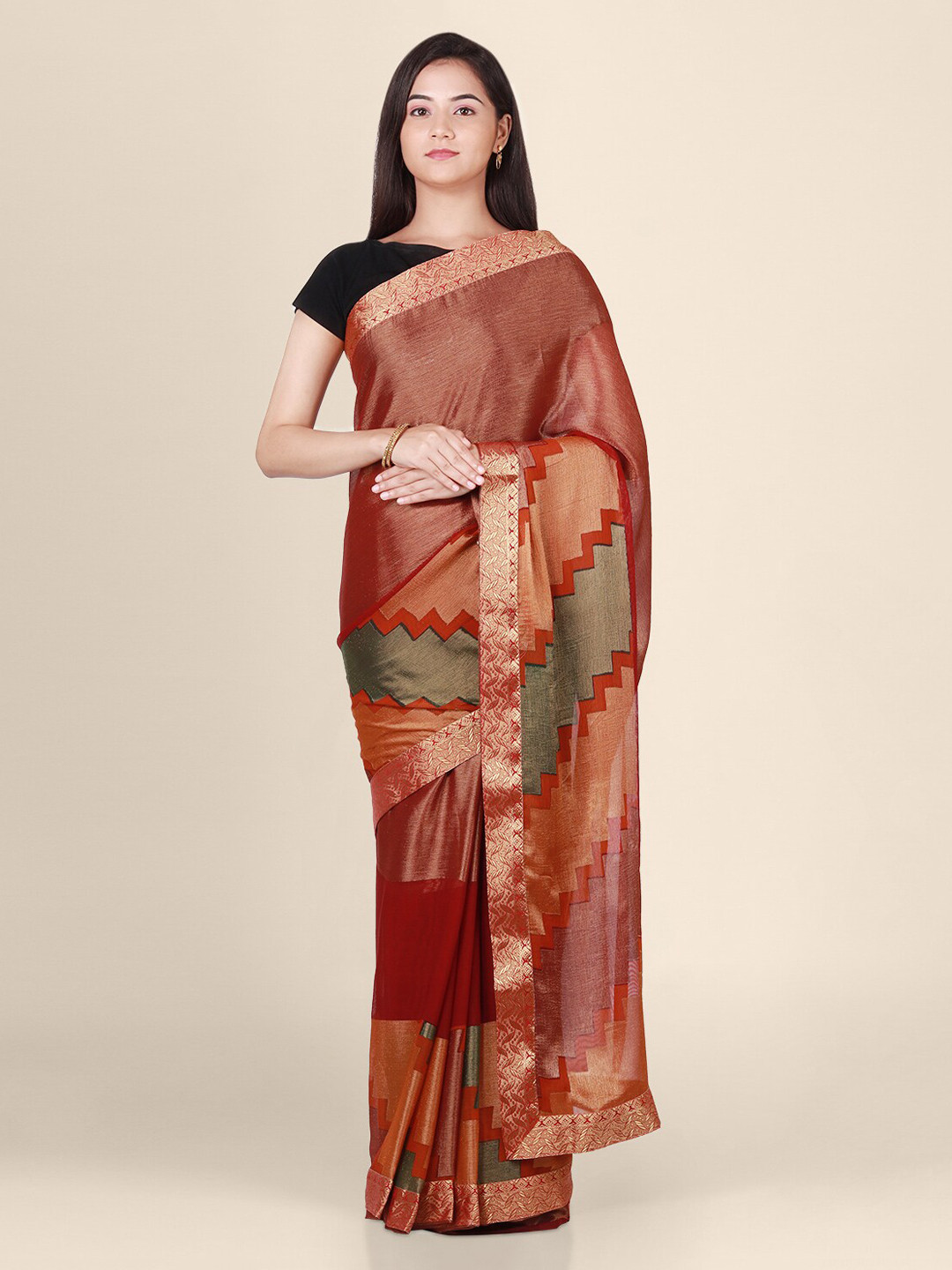 CLAI WORLD Red & Copper-Toned Poly Georgette Woven Design Saree