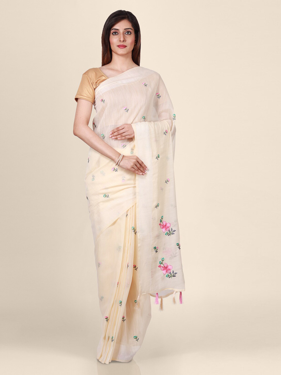 CLAI WORLD Cream-Coloured Embroidered Linen Blend Saree