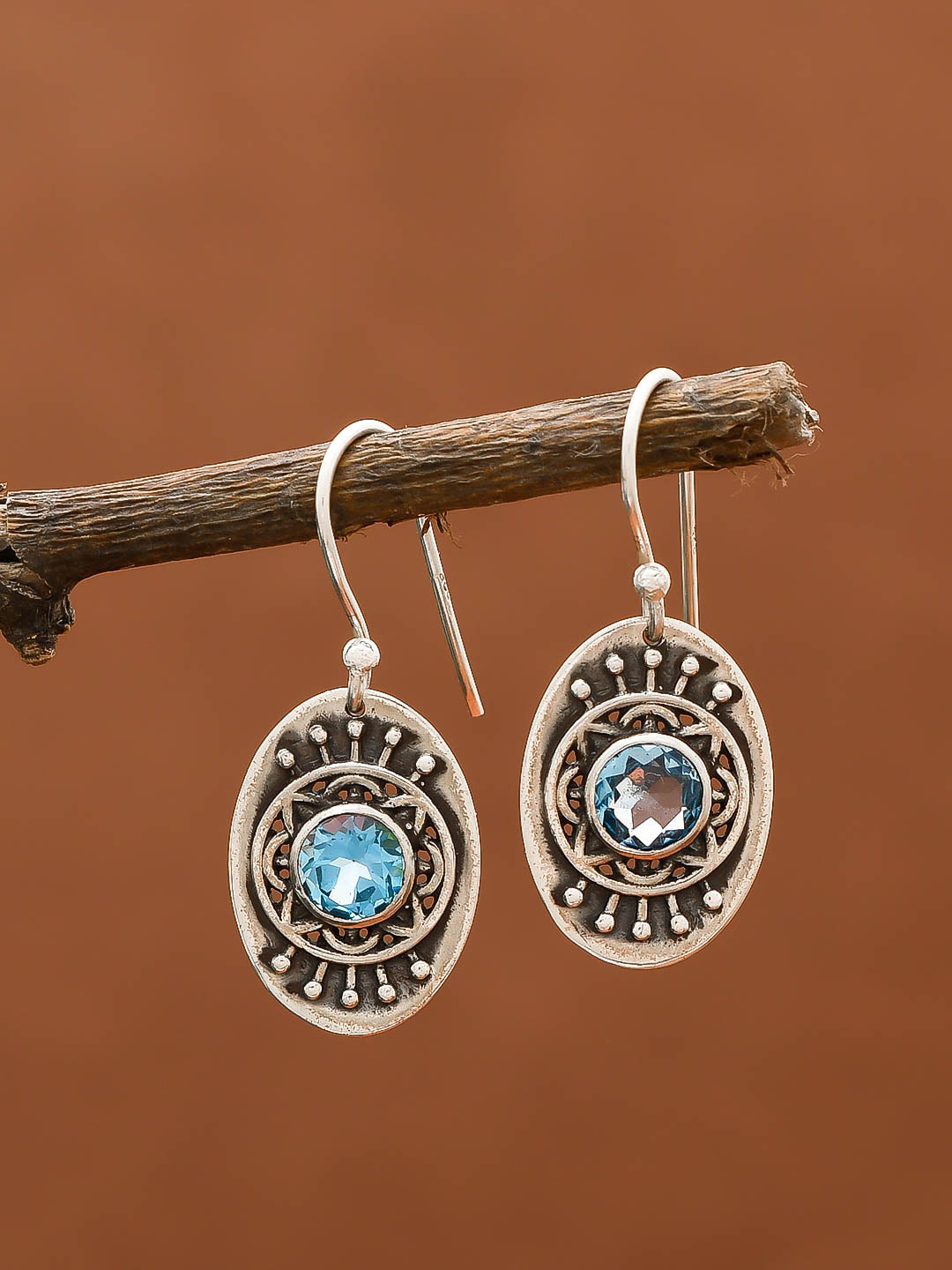 Silvermerc Designs Blue Silver-Palted Handcrafted Circular Drop Earrings