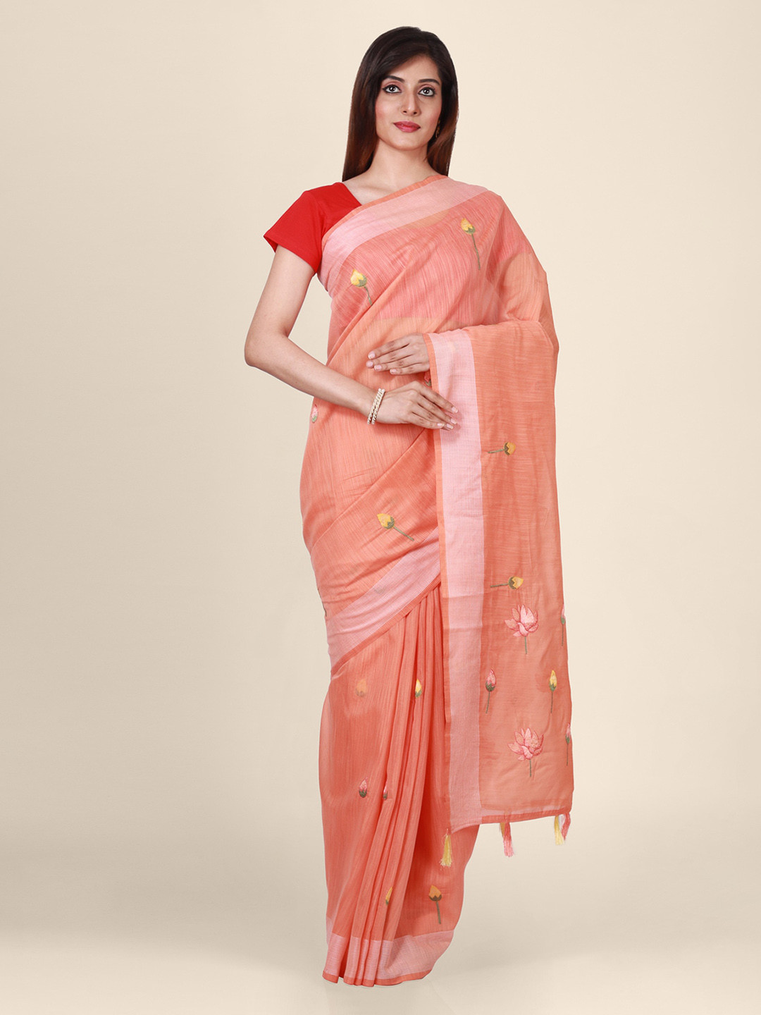 CLAI WORLD Peach-Coloured Embroidered Silk Blend Saree