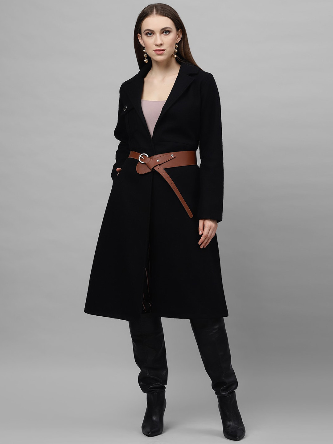 Athena Women Black Solid Woollen Knee-Length Wrap Coat