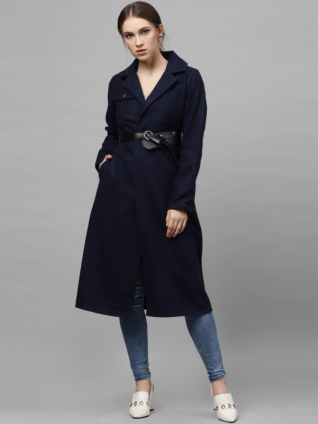 Athena Women Navy Blue Solid Woolen Longline Overcoat