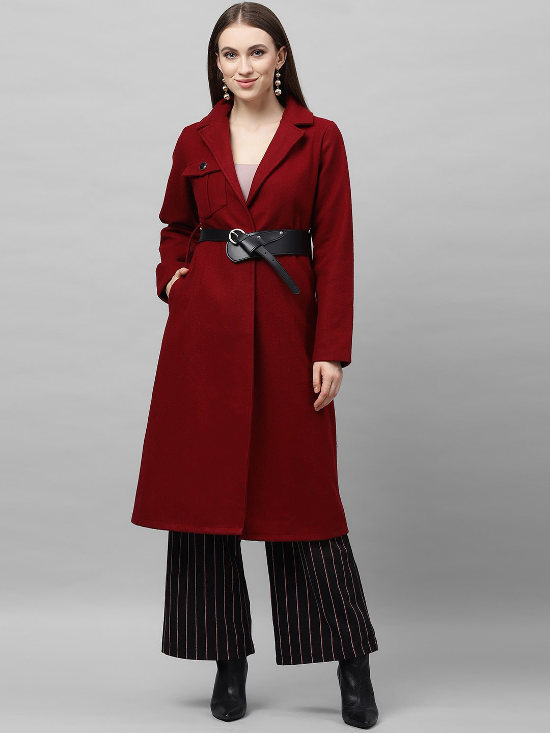 Athena Women Burgundy Solid Longline Overcoat