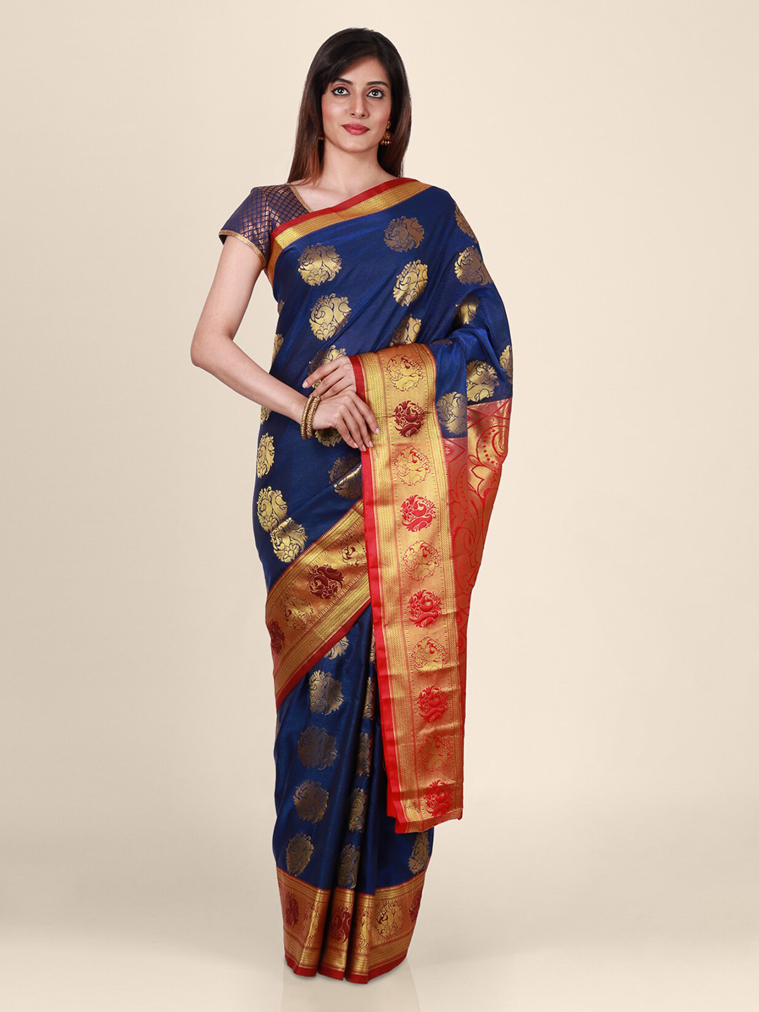 CLAI WORLD Navy Blue Handloom Woven Design Silk Blend Saree