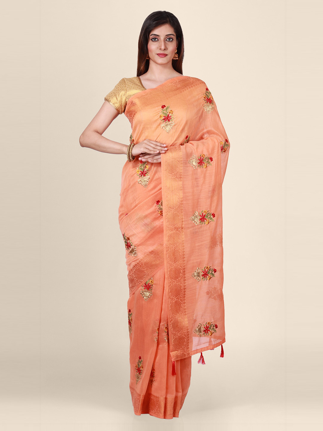 CLAI WORLD Peach-Coloured & Red Silk Blend Floral Embroidered Saree