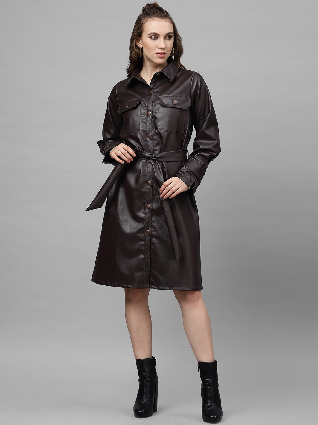 Athena Women Coffee Brown Solid Leather Shirt Dress
