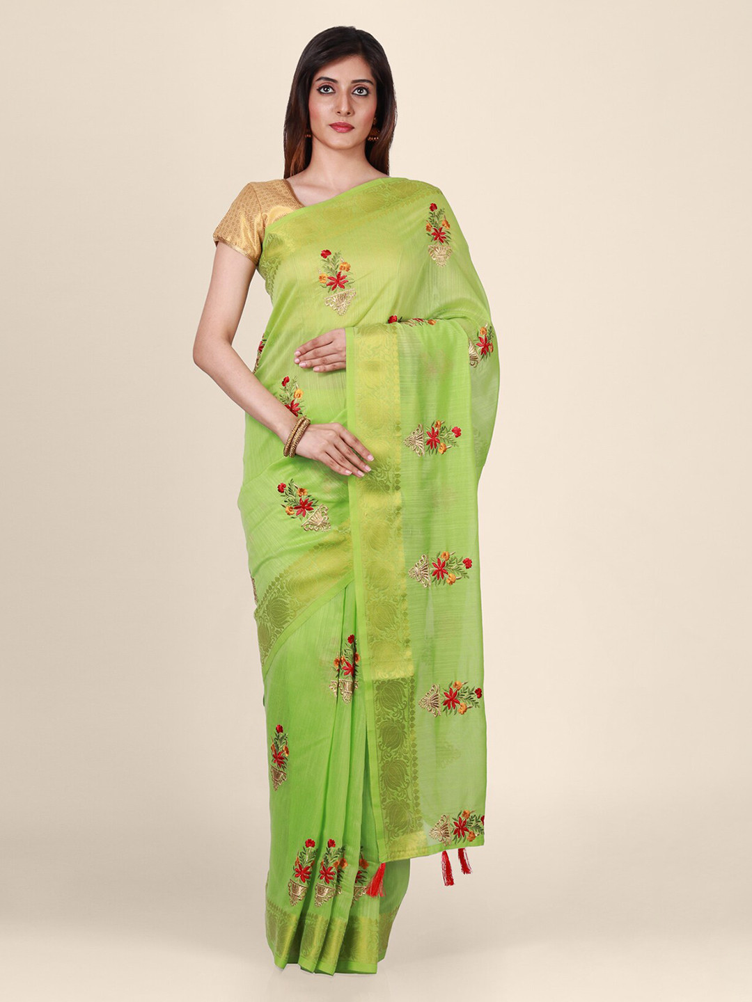 CLAI WORLD Green & Red Silk Blend Handloom Embroidered Saree