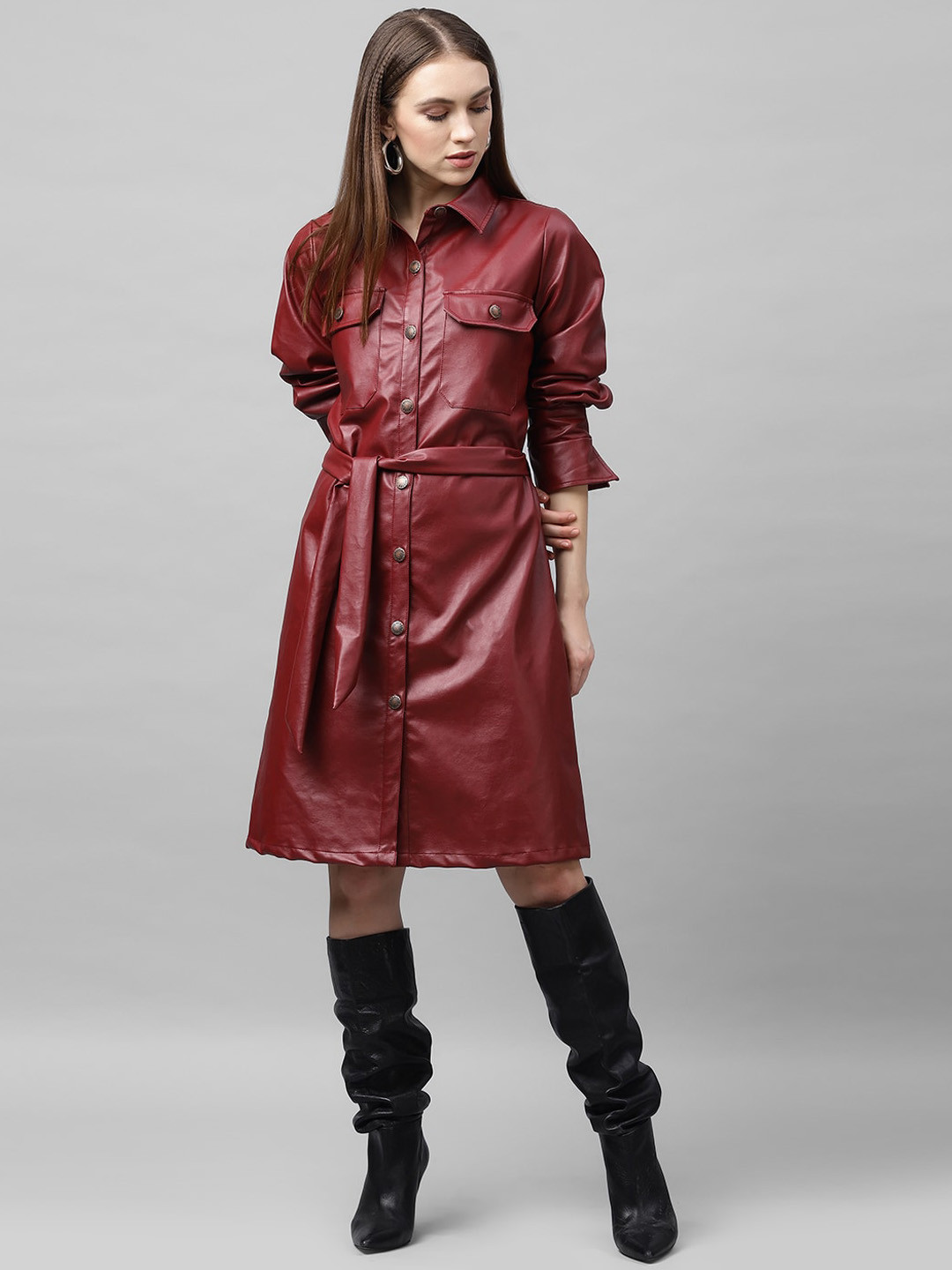 Athena Women Maroon Solid Leather Shirt Dress