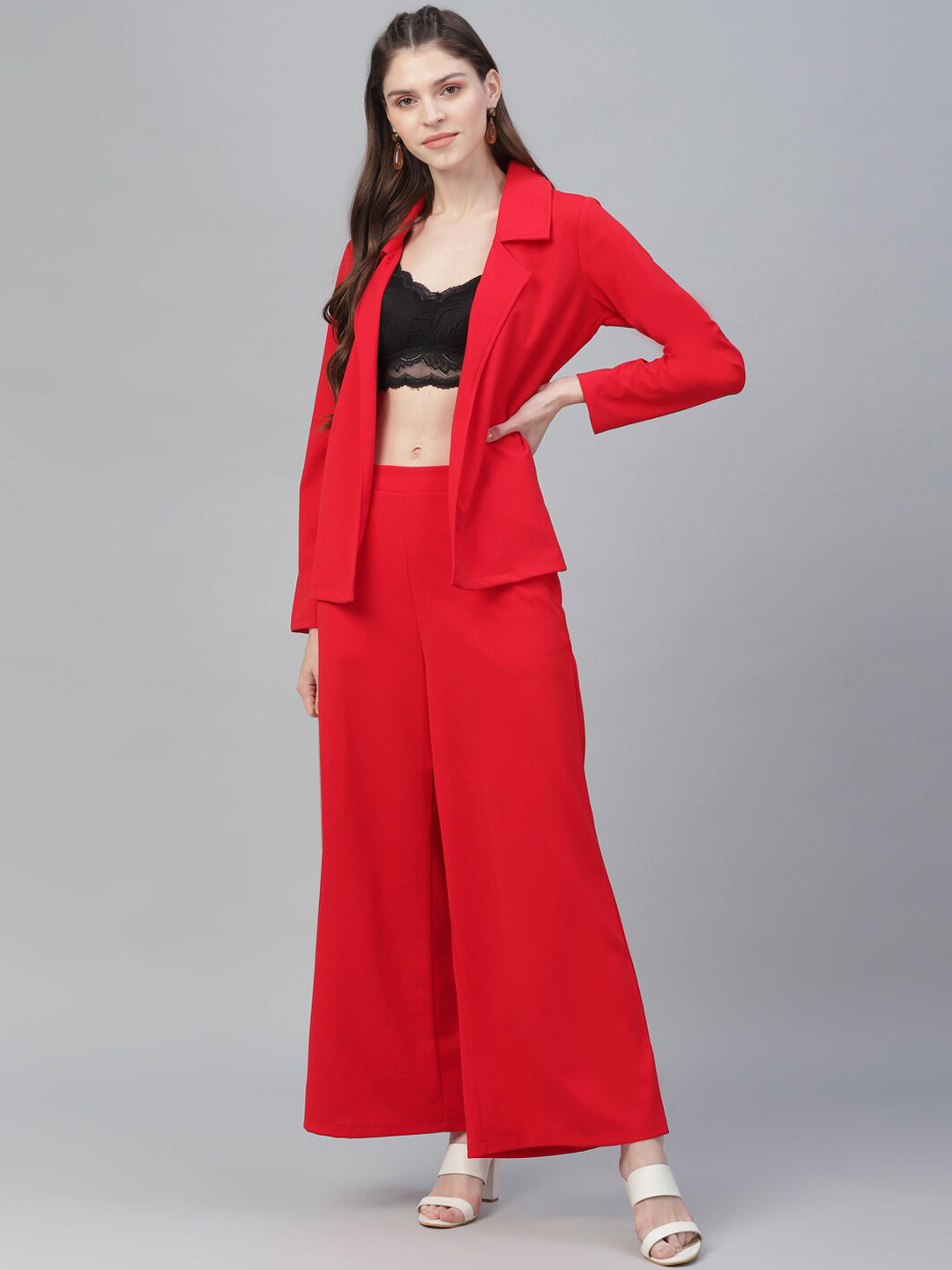 Athena Women Red Solid Blazer with Palazzos
