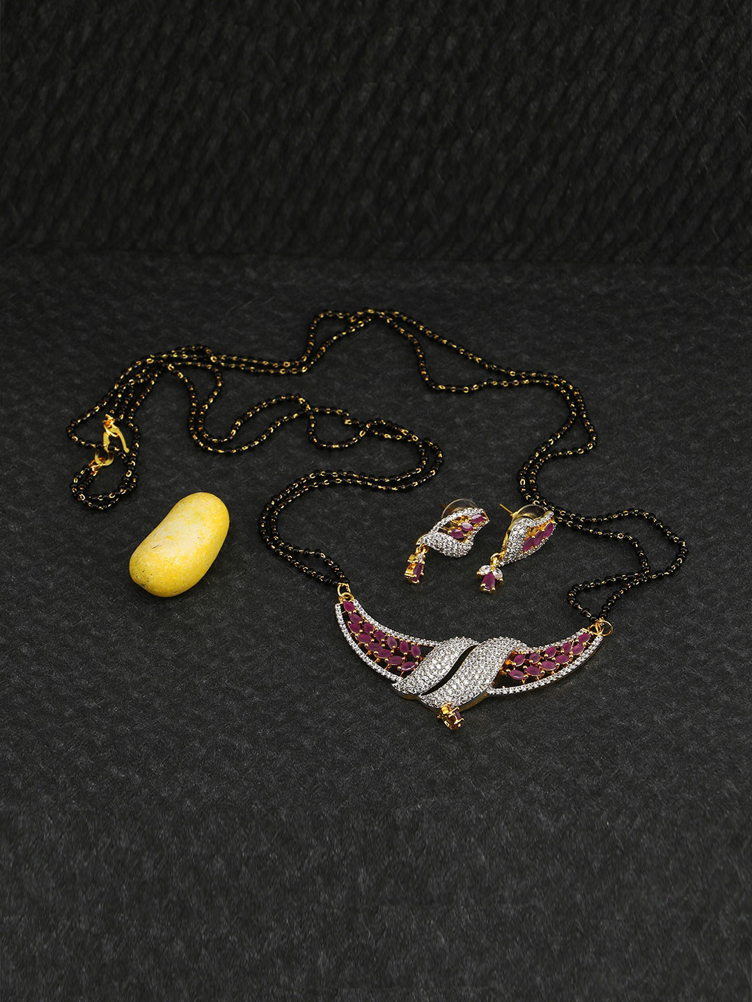 Adwitiya Collection Gold-Plated Pink & White AD Stone-Studded Beaded Mangalsutra Set