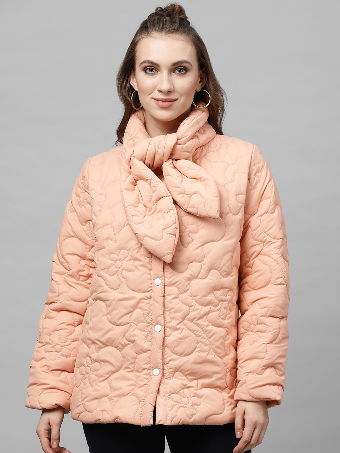 Athena Women Peach-Coloured Solid Lightweight Padded Jacket