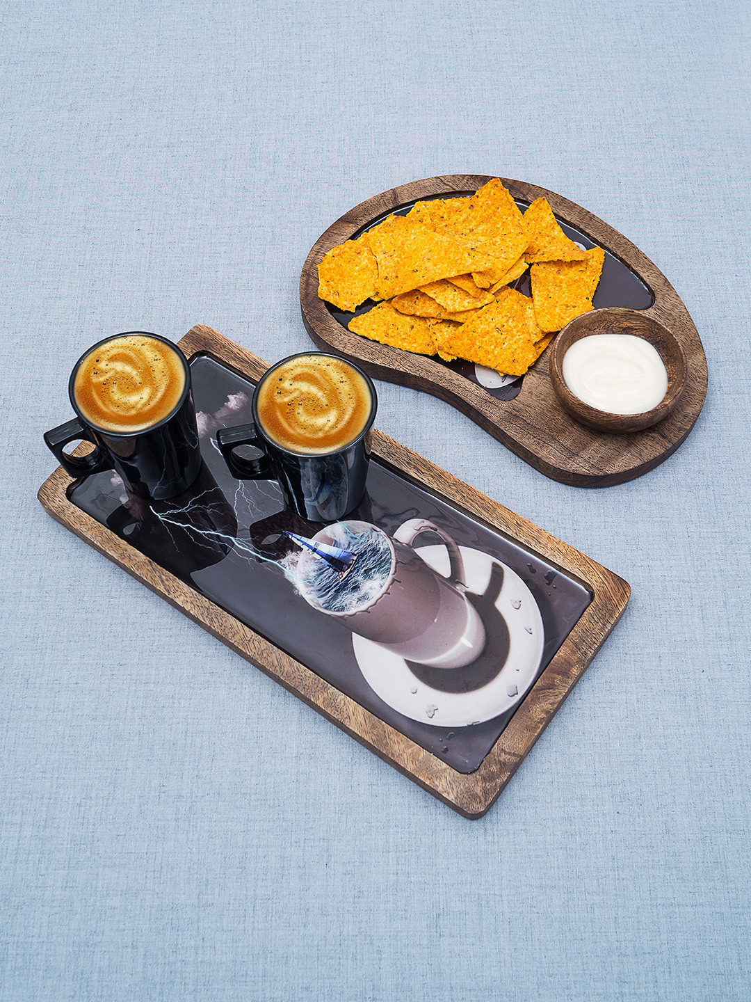 Golden Peacock Set Of 2 Brown & Black Printed Wooden Trays With Bowl