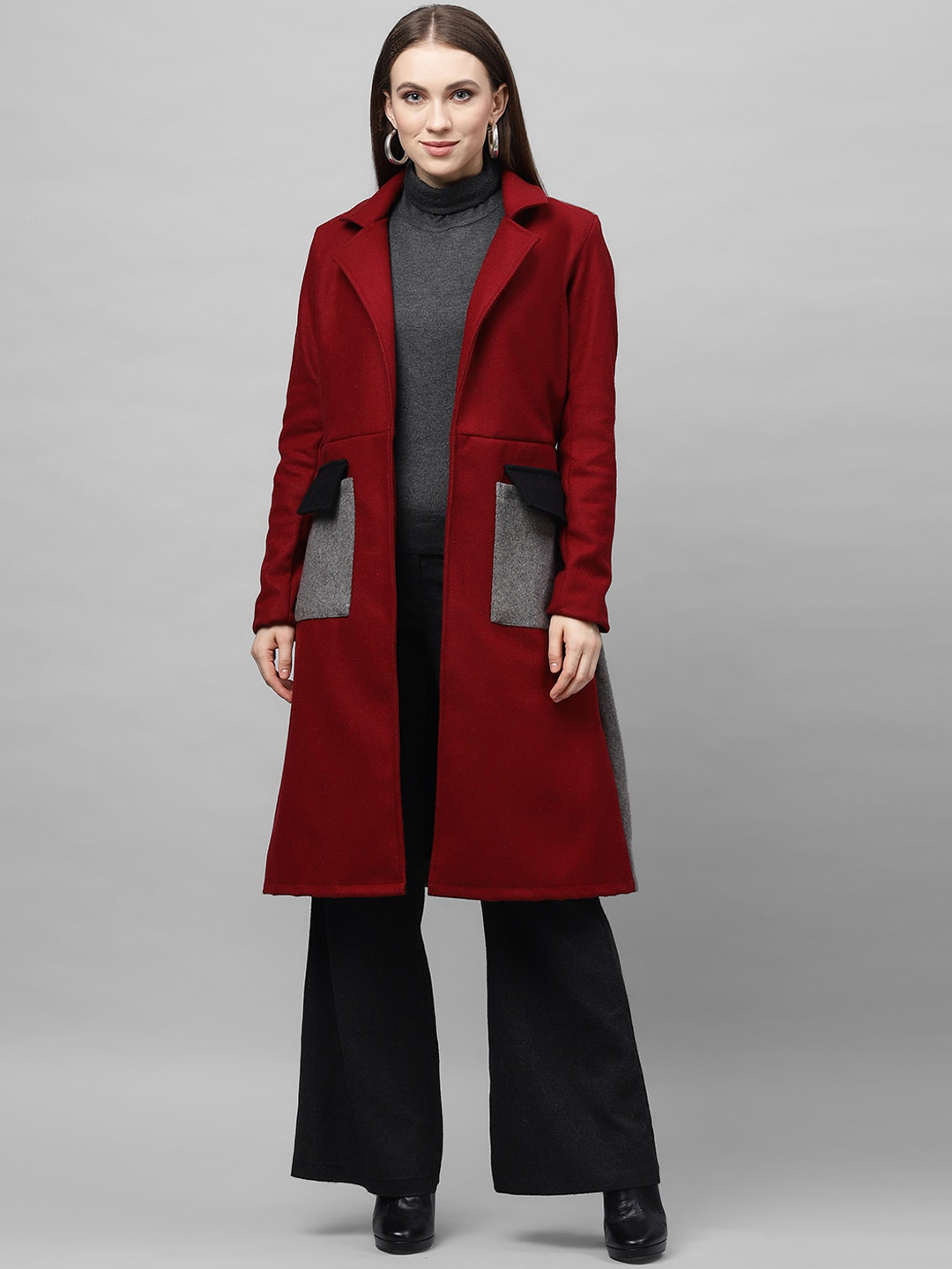 Athena Women Burgundy Solid Knee-Length Woollen Overcoat