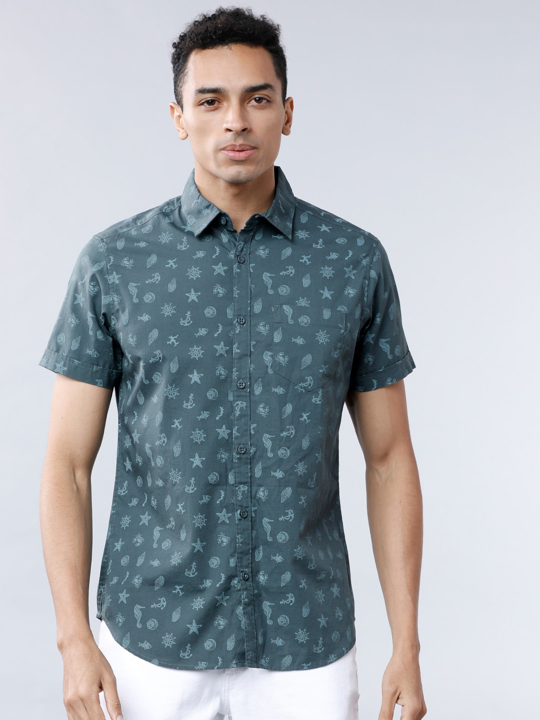 HIGHLANDER Men Teal Green Slim Fit Printed Casual Shirt