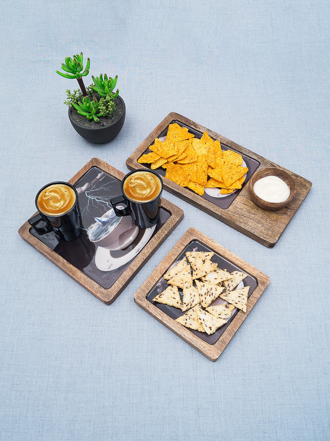 Golden Peacock Set Of 3 Brown & Black Printed Wooden Trays With Bowl