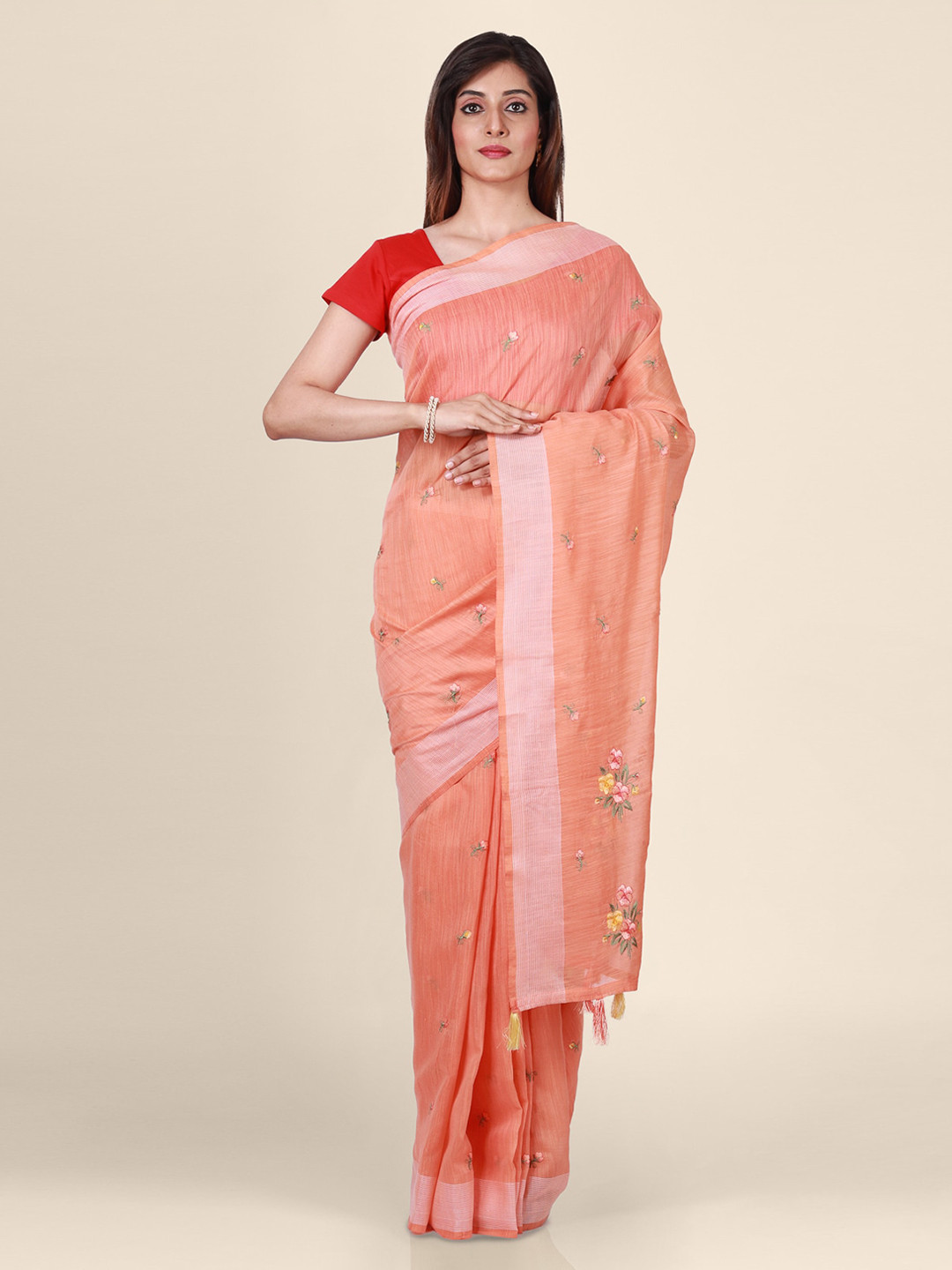 CLAI WORLD Peach-Coloured Handloom Woven Design Linen Blend Saree