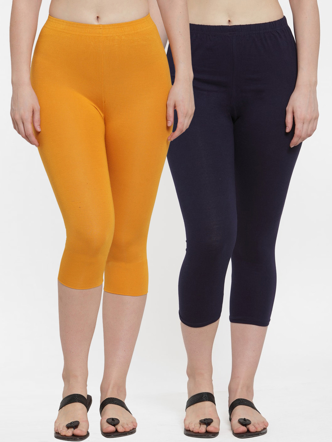GRACIT Women Pack of 2 Navy Blue & Mustard Yellow Solid Slim Fit Lounge Capris