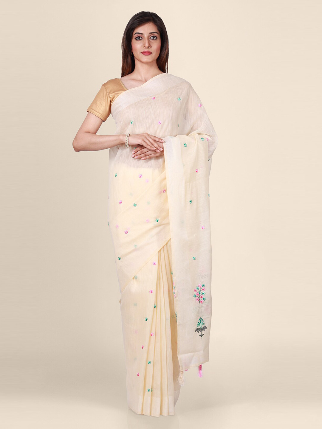 CLAI WORLD Off-White Embroidered Silk Blend Saree