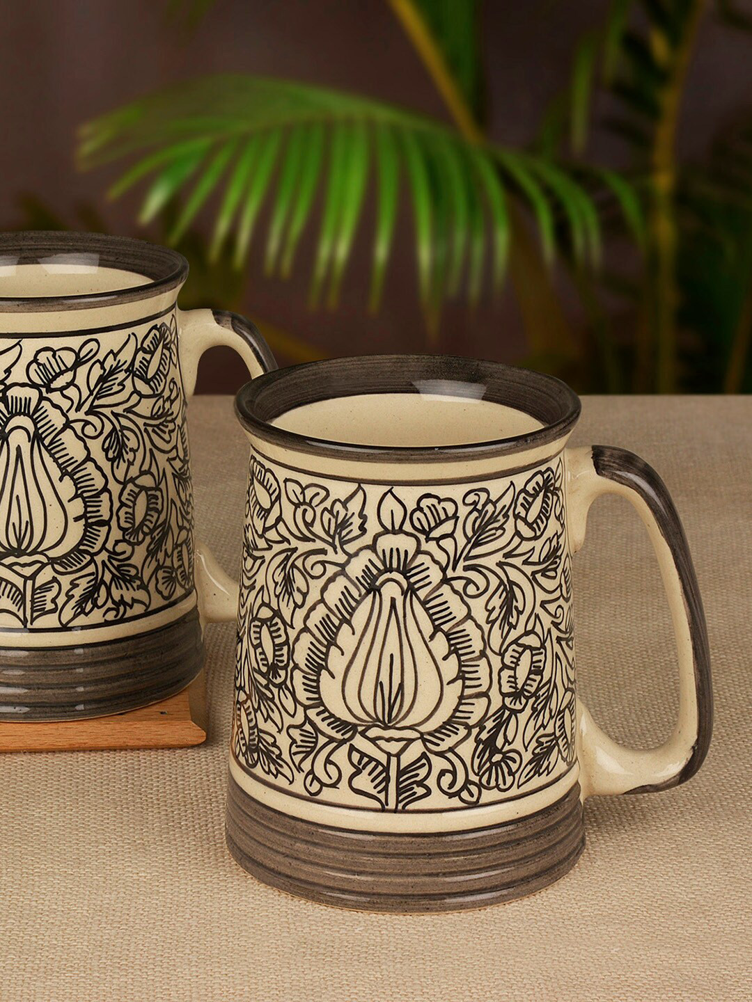 StyleMyWay Naqaash Beige Ethnic Motifs Ceramic Microwave Safe 2 Piece Mugs-500ml