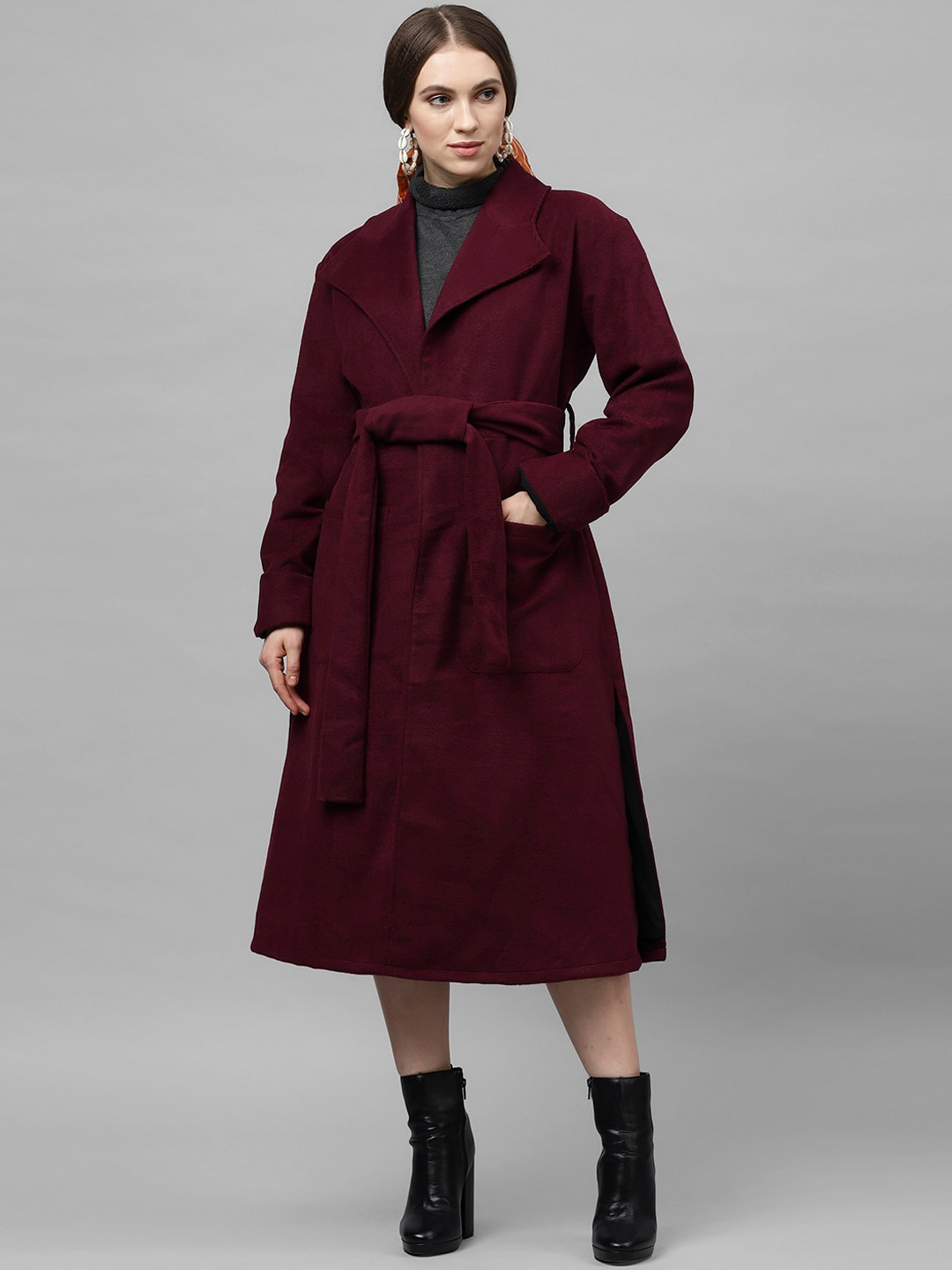 Athena Women Burgundy Solid Woolen Longline Overcoat