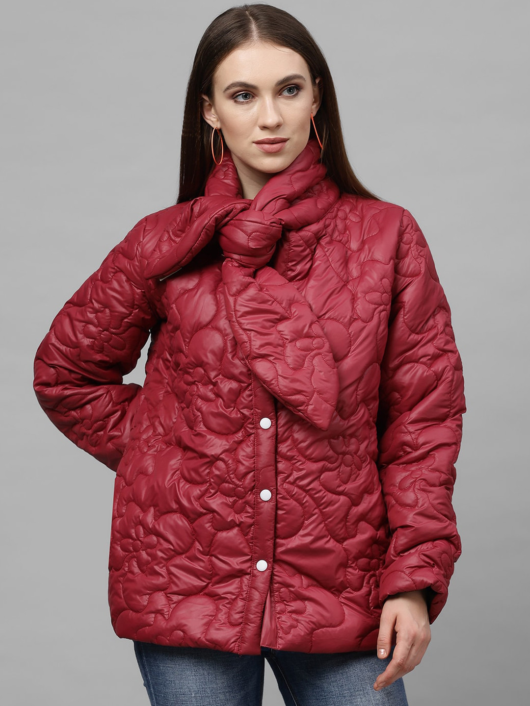 Athena Women Burgundy Solid Lightweight Padded Jacket