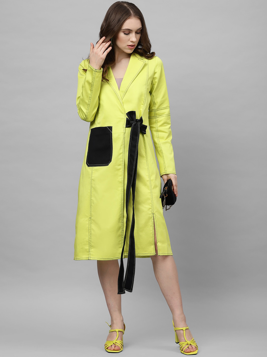 Athena Women Lime Green Solid Longline Overcoat