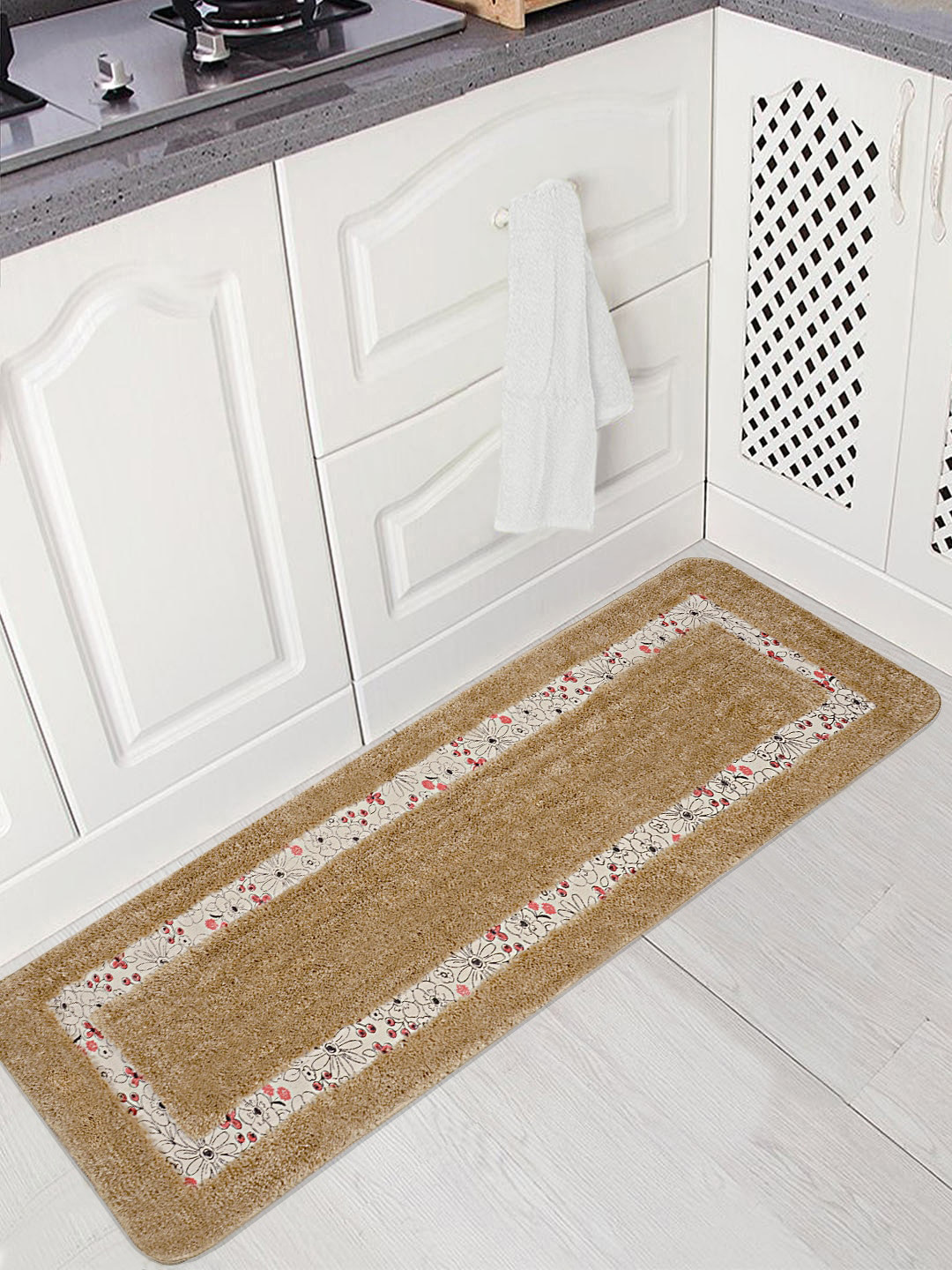 Saral Home Beige Floral Print Anti-Skid Floor Runner