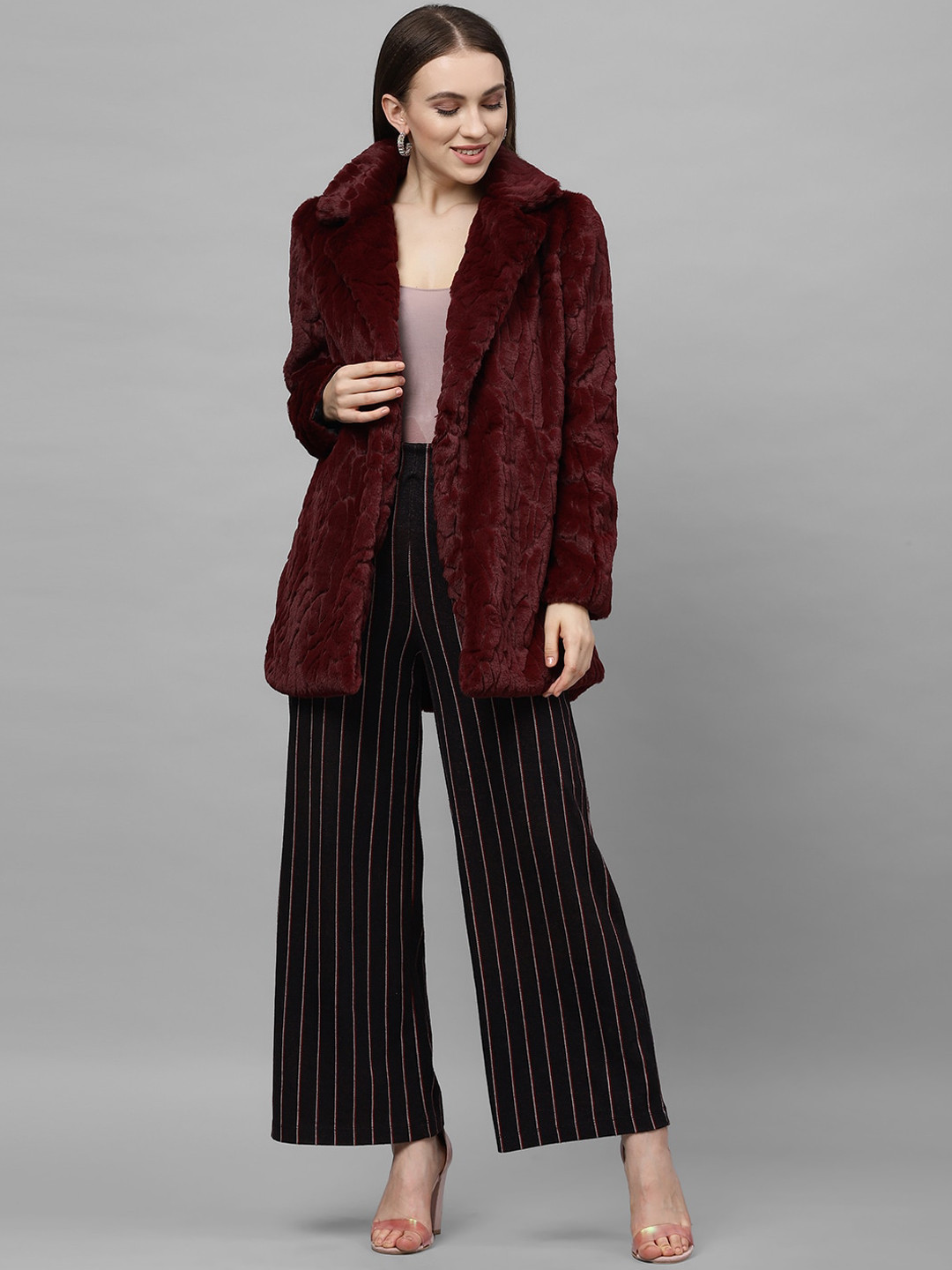 Athena Women Burgundy Self Design Over Coats