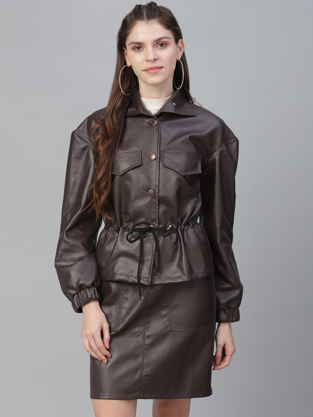 Athena Women Coffee Brown Solid Asymmetric Closure Tailored Leather Jacket