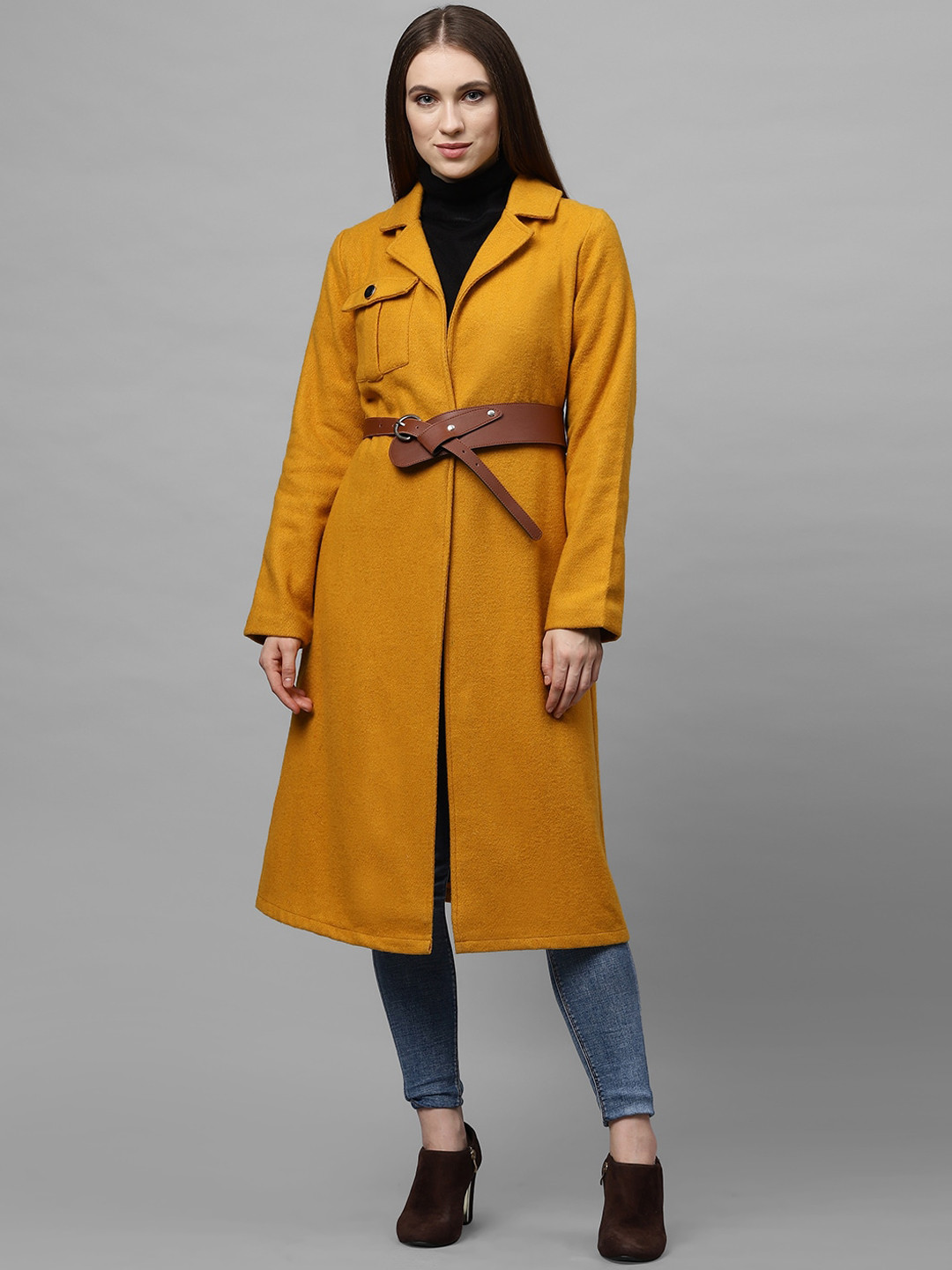 Athena Women Mustard Yellow Solid Woollen Longline Wrap Coat