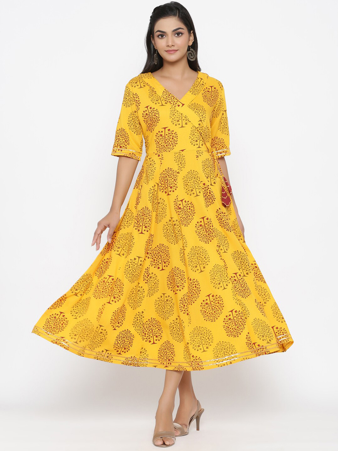Maaesa Women Mustard Printed Wrap Dress