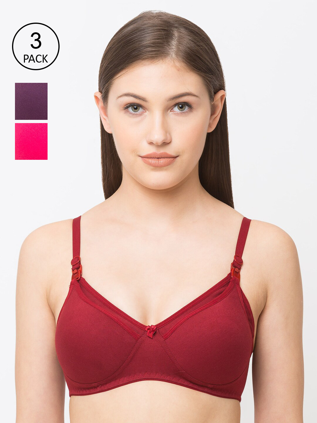 MomToBe Pack of 3 Solid Non-Wired Lightly Padded Nursing Maternity Bras 5504repkpurmrnfb