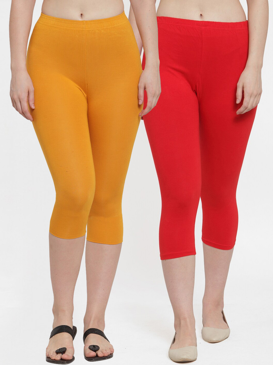 GRACIT Women Red & Mustard Yellow Pack of 2 Solid Skinny Fit Capris