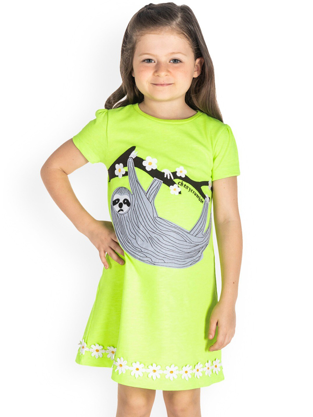 Cherry Crumble Girls Fluorescent Green Printed A-Line Dress