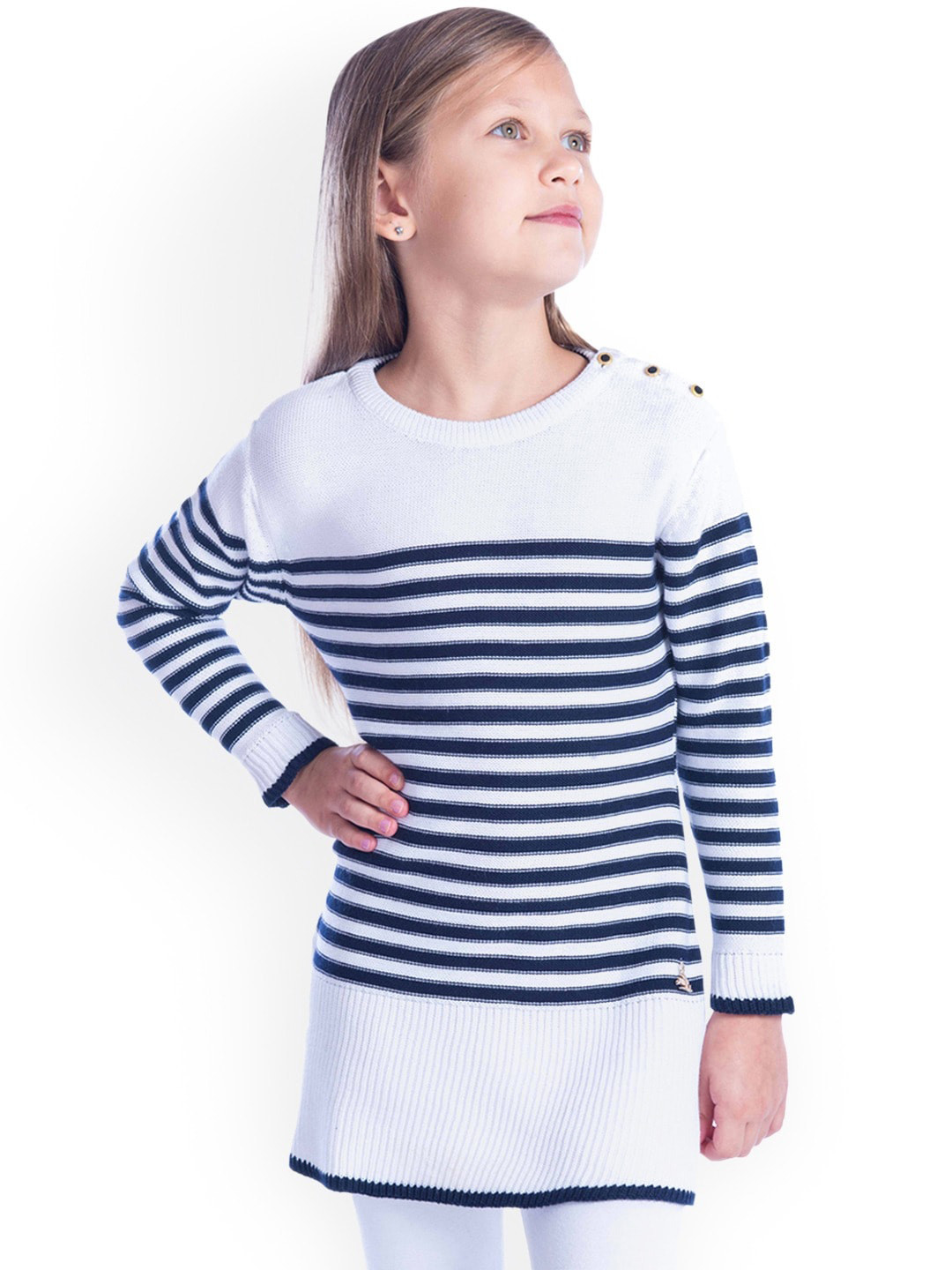 Cherry Crumble Girls White Striped Sweater Dress