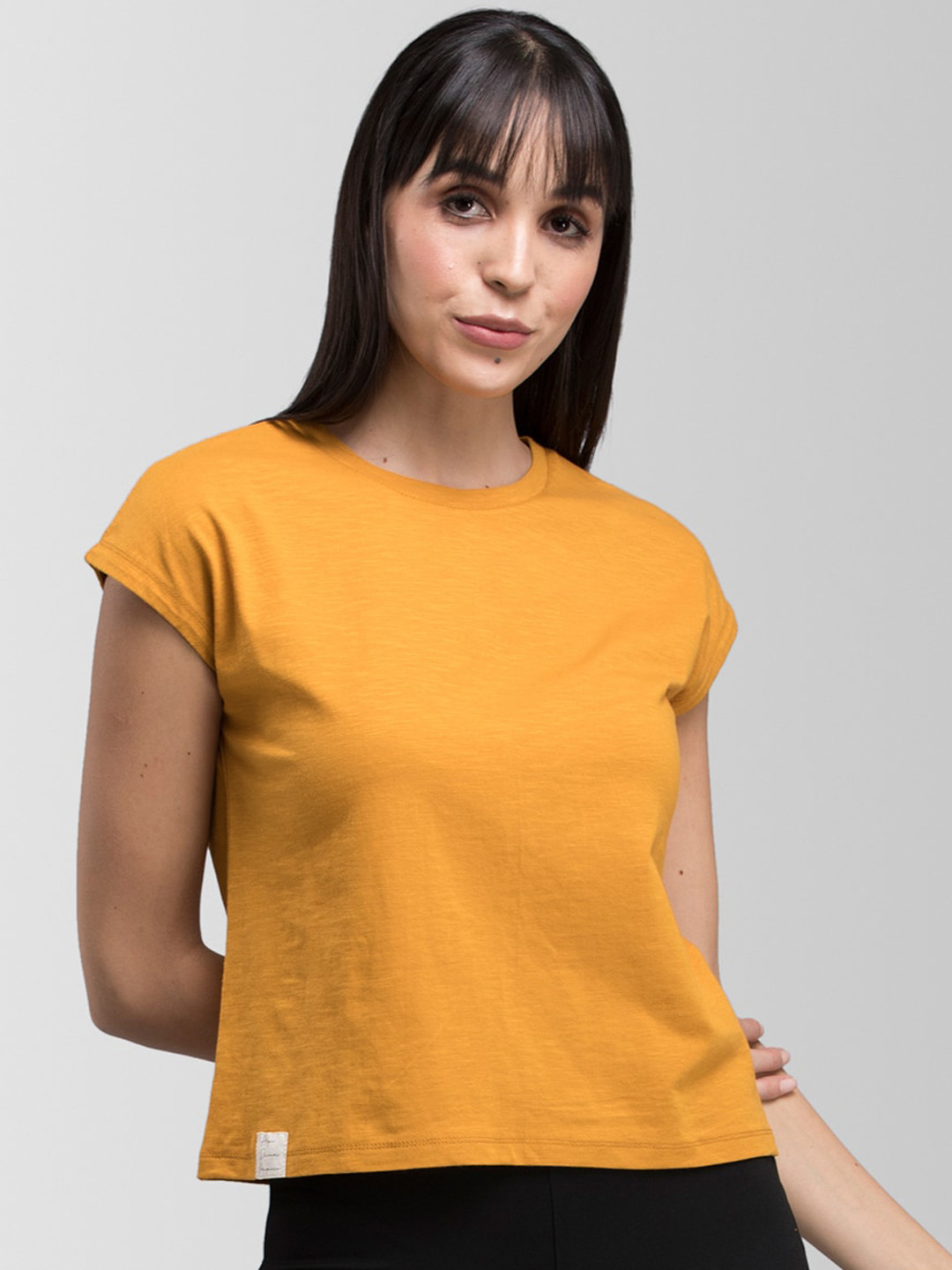 FABLE STREET Women Mustard Yellow Solid Round Neck T-shirt