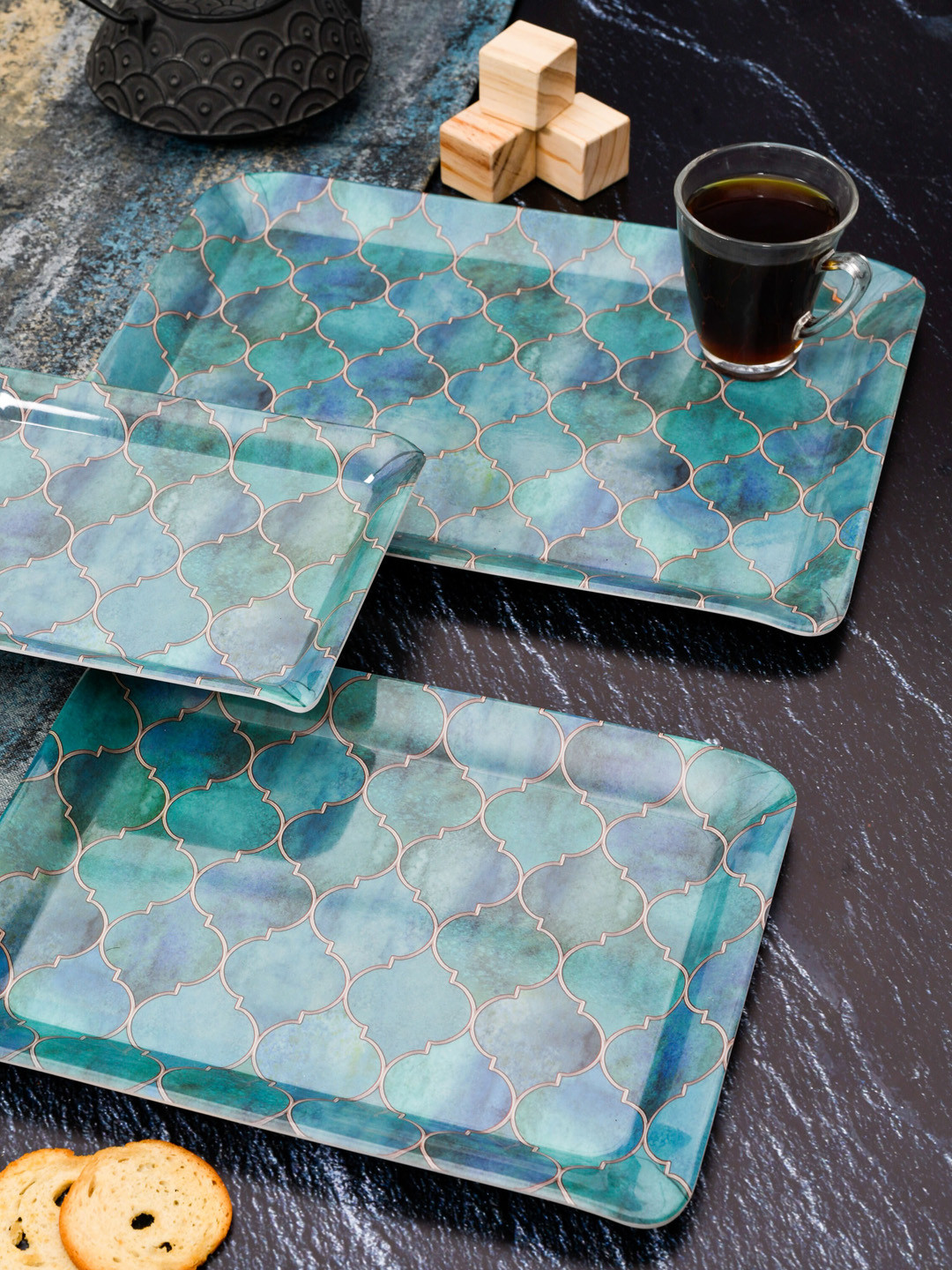 GOODHOMES Blue Printed 3 Pieces Melamine Serving Trays