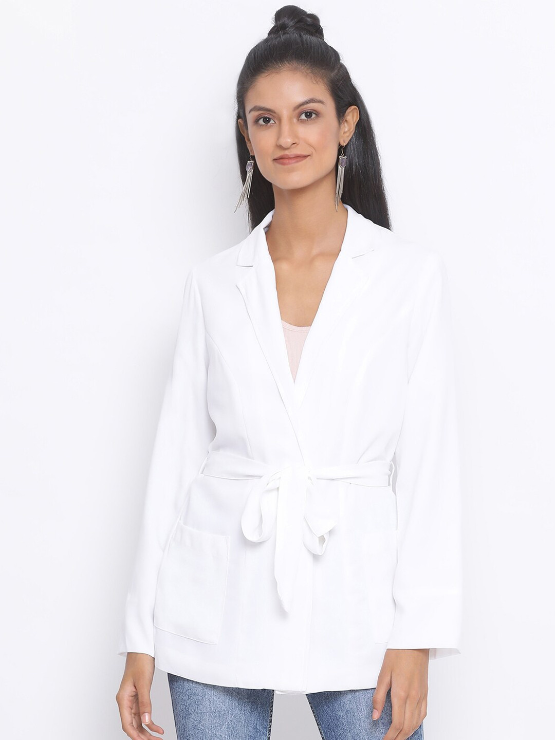 Oxolloxo Women White Solid Tailored Jacket
