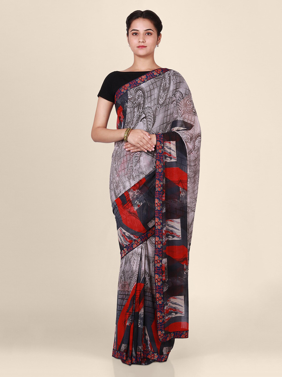 CLAI WORLD Black & Red Poly Georgette Solid Saree